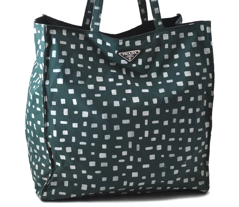 Ladies Prada Re - Edizione 2005 bags with a star - shaped charm for a playful touchAuthentic PRADA Nylon Leather Shoulder Tote Bag Green White 1199D