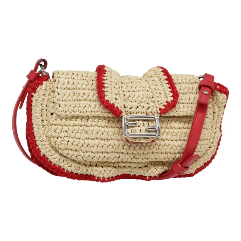 Fendi handbags with a holographic FF logo for a futuristic and trendy lookFENDI Shoulder Bag straw Beige Red 8M0354  90505