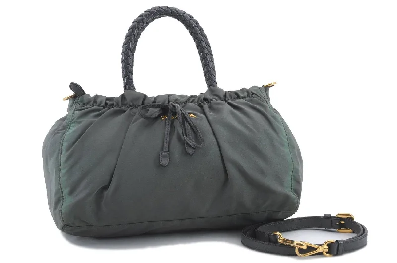 Ladies Prada Galleria bags with a textured leather surface for a more tactile lookAuthentic PRADA 2Way Nylon Leather Shoulder Hand Bag Purse Gray 9743C