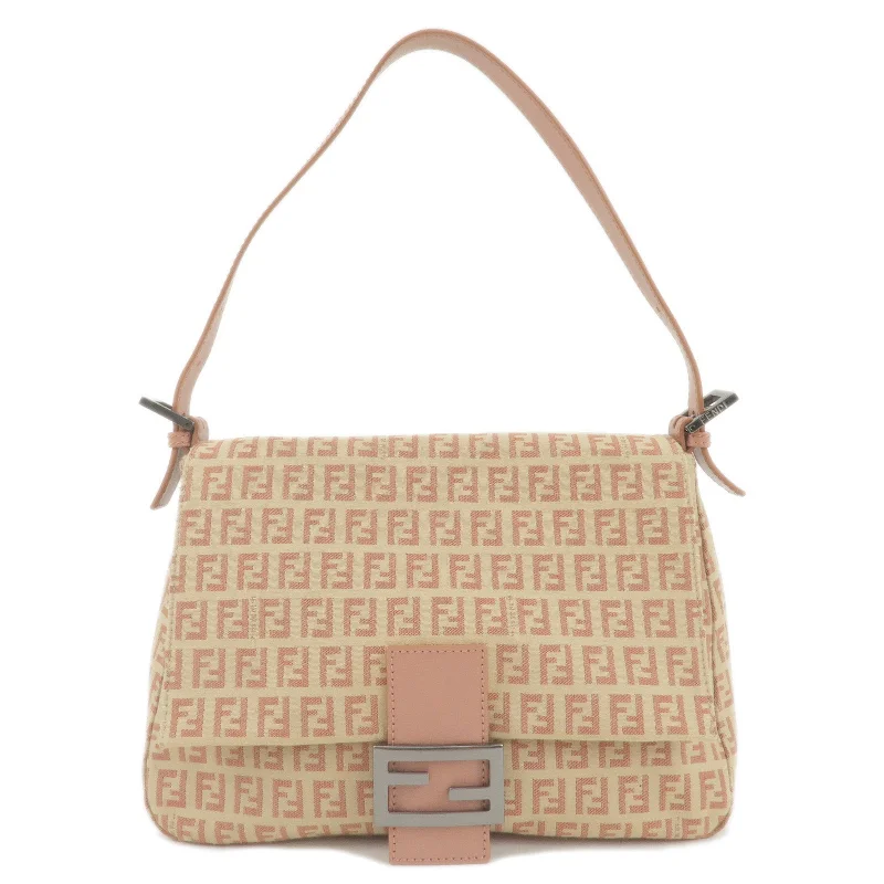 Ladies Fendi Baguette bags with a star - shaped charm for a playful and trendy touchFENDI Zucchino Canvas Leather Shoulder Bag Beige Pink 8BR001