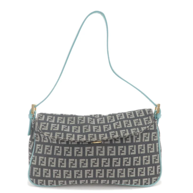 Ladies Fendi shoulder bags with a quilted leather exterior for a luxurious and cozy lookFENDI Zucchino Canvas Leather Shoulder Bag Black Light Blue 8BR145