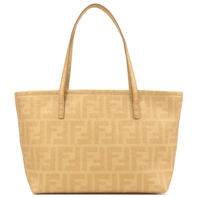 Fendi bags with a front - flap pocket and a turnlock for a classic and elegant aestheticFENDI Zucca Print Logo PVC Tote Bag Hand Bag Gold 8BH223