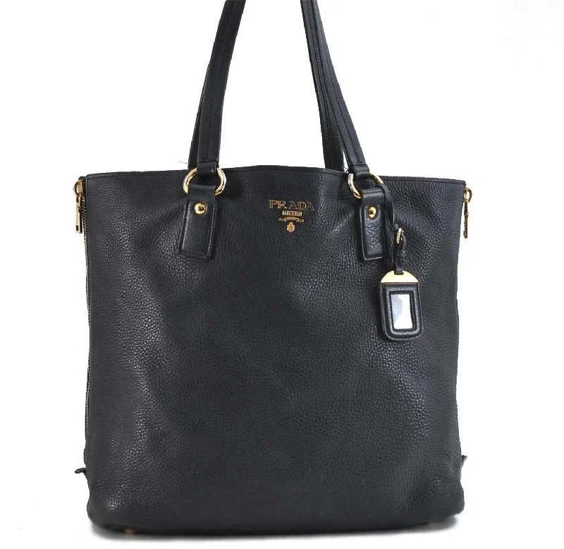 Prada Cahier bags with a leather - wrapped handle for a luxurious feelAuthentic PRADA Leather Shoulder Tote Bag Black 1193D