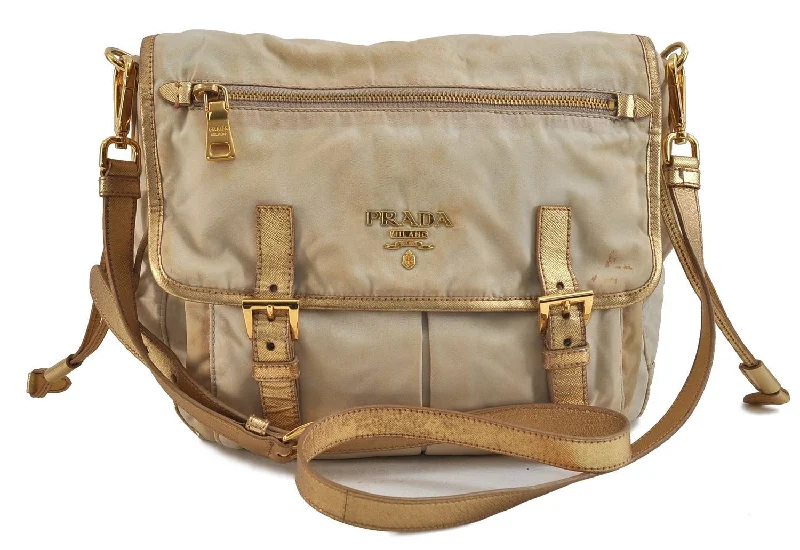 Prada Galleria bags with a structured silhouette for a professional lookAuthentic PRADA Nylon Leather Shoulder Cross Body Bag Purse Ivory Gold 9728C