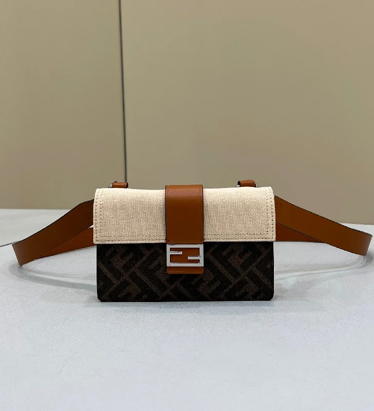 Fendi bags with a chain - link trim and a leather body for a modern and edgy lookFendi Baguette Pouch Brown fabric Beige Pouch For Woman 16cm/6in