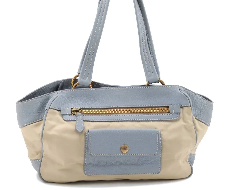 Prada bags with a chain - link trim and a leather body for a modern and stylish edgeAuthentic PRADA Nylon Leather Shoulder Bag Purse Ivory Light Blue 9859B