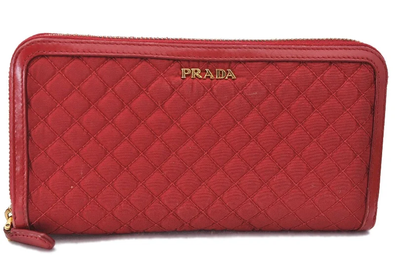 Prada bags with a back - zip pocket for storing valuables securelyAuthentic PRADA Nylon Leather Long Wallet Purse Red H4862