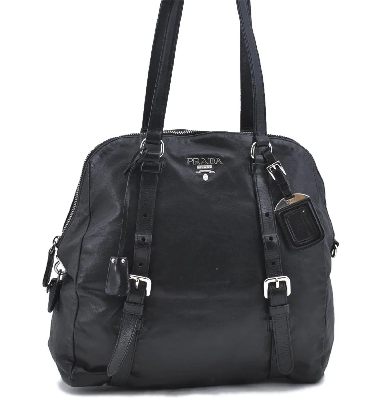 Prada bags with a back - zip pocket for storing valuables securelyAuthentic PRADA Leather Shoulder Bag Purse Black H8944