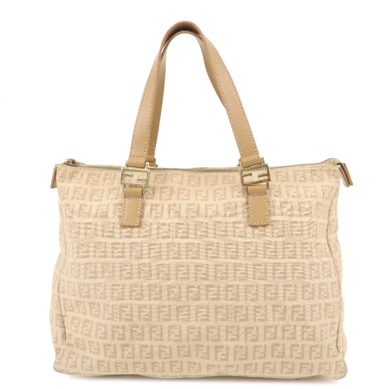 Fendi tote bags with a snap - button closure and a decorative charm for a fashionable and personalized lookFENDI Zucchino Canvas Leather Hand Bag Tote Bag Beige 8BH138