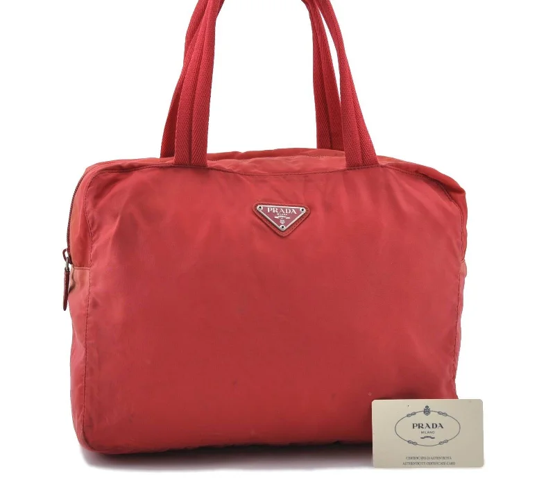 Prada bags with a chain - link trim and a leather body for a modern and stylish edgeAuthentic PRADA Vela Nylon Leather Shoulder Tote Bag B8993 Red 3864C