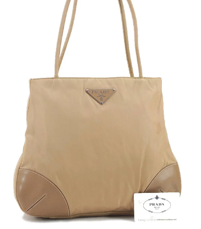 Prada Cleo bags with a detachable coin purse for added functionalityAuthentic PRADA Tessuto Easy Nylon Leather Shoulder Tote Bag BR1550 Beige 3814C