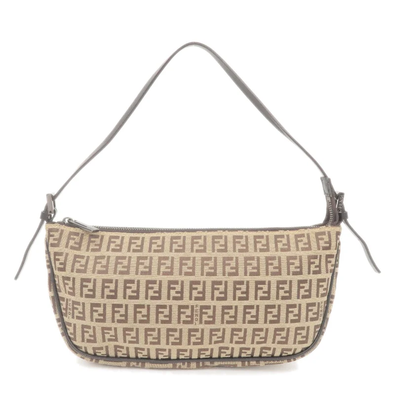 Fendi handbags with a metal - framed clasp for durability and a stylish lookFENDI Zucchino Canvas Leather Shoulder Bag Beige Brown 8BR144