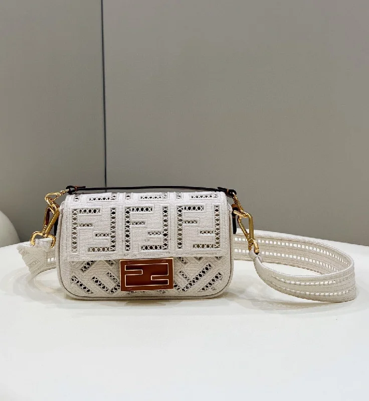 Fendi crossbody bags with a detachable wallet on chain for a hands - free wallet optionFendi Baguette White with Embroidery Small Bag For Woman 21cm/8in