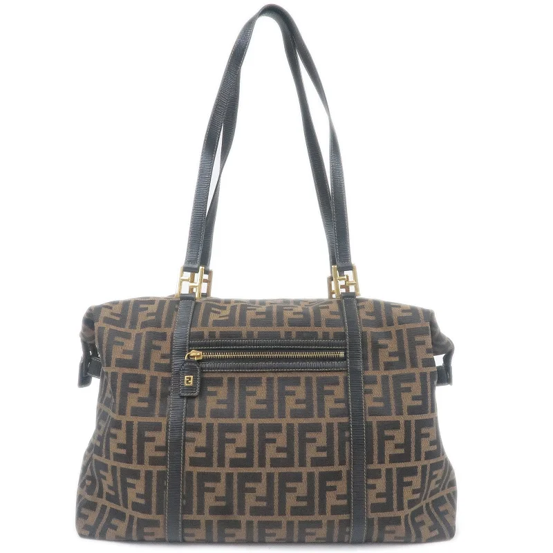 Fendi bags with a back - zip pocket for storing valuables securelyFENDI Zucca Print Canvas Leather Tote Bag Khaki Black