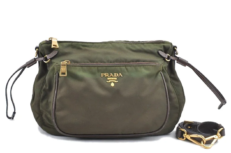 Prada bags with a snap - button closure and a decorative charm for a fashionable lookAuthentic PRADA Nylon Leather Shoulder Cross Body Bag Purse Khaki Green J0088