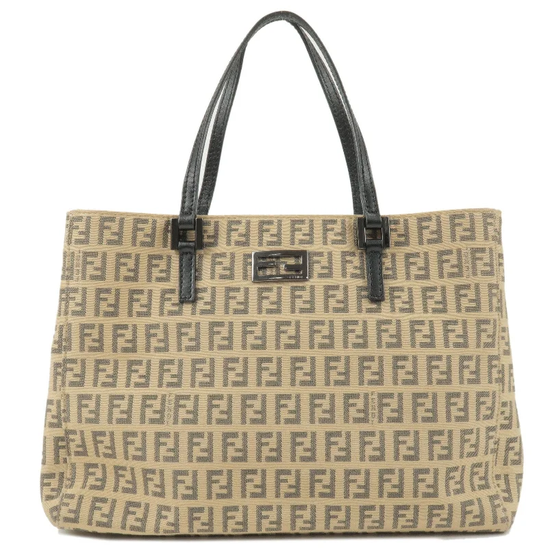 Fendi tote bags with a reinforced bottom for increased durabilityFENDI Zucchino Canvas Leather Tote Bag Beige Gray 8BH132