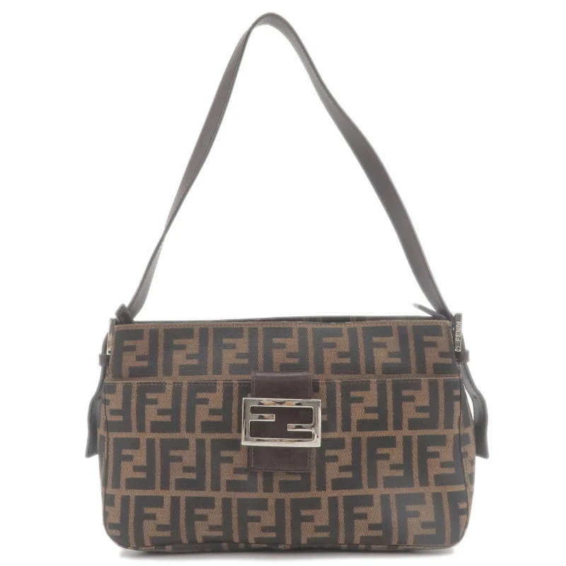 Fendi Sunshine Shopper bags with a structured silhouette and a magnetic - snap closureFENDI Zucca Print Canvas Leather Shoulder Bag Brown Black 26566