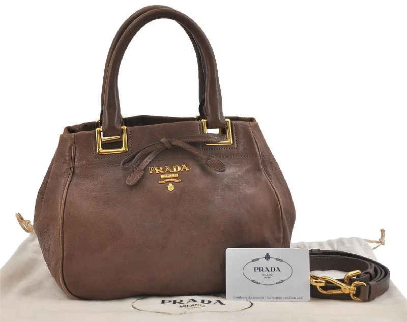 Prada Cleo bags with a snakeskin - effect panel for a bold and trendy lookAuthentic PRADA GLACE'CALF Leather 2Way Shoulder Hand Bag BN2245 Brown 2311D