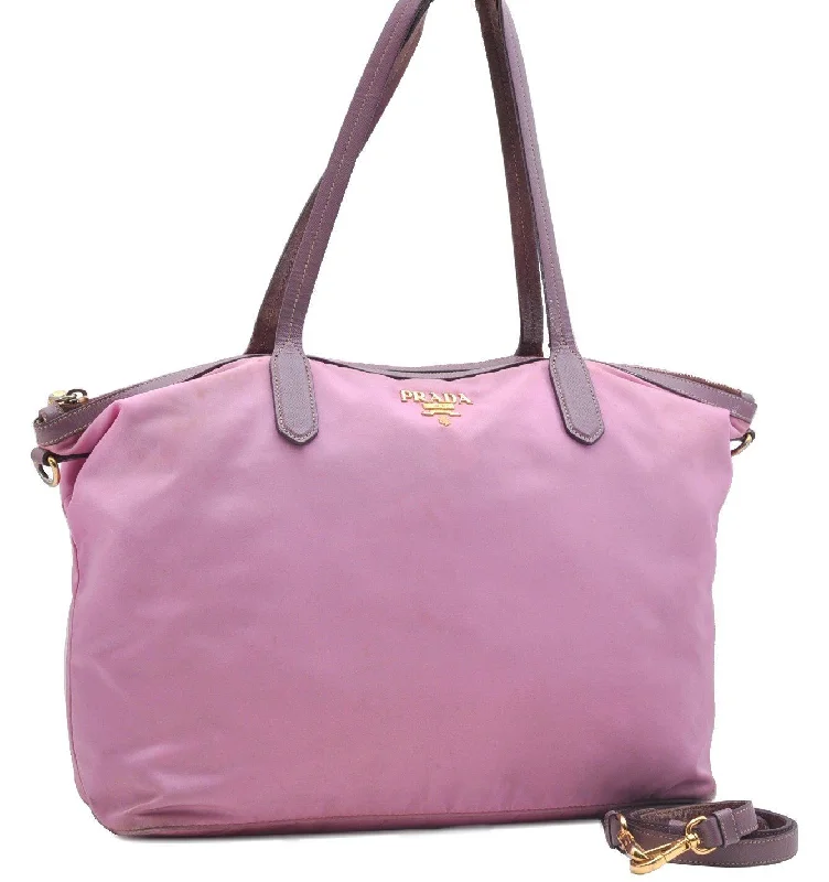 Prada bags with a back - zip pocket for storing valuables securelyAuthentic PRADA Nylon Leather 2Way Shoulder Tote Bag Pink 6739B