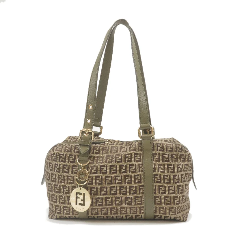 Ladies Fendi shoulder bags with a detachable scarf strap for a stylish and versatile optionFENDI Zucchino Canvas Leather Boston Bag Khaki Brown 8BL106