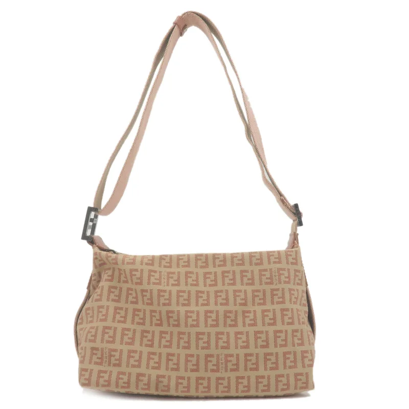 Fendi By The Way bags with a leather - wrapped drawstring for a luxurious and tactile feelFENDI Zucchino Canvas Leather Shoulder Bag Beige Pink 8BR319