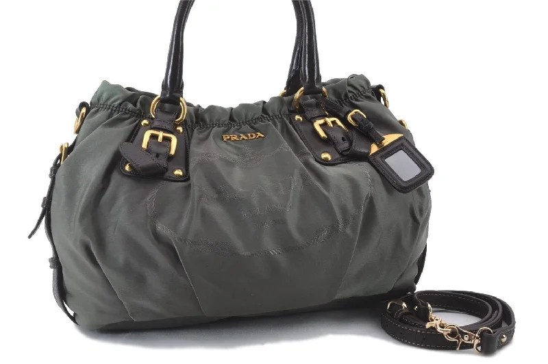 Prada tote bags with a water - resistant coating for outdoor activitiesAuthentic PRADA Nylon Leather 2Way Shoulder Hand Bag Khaki Green 2390D