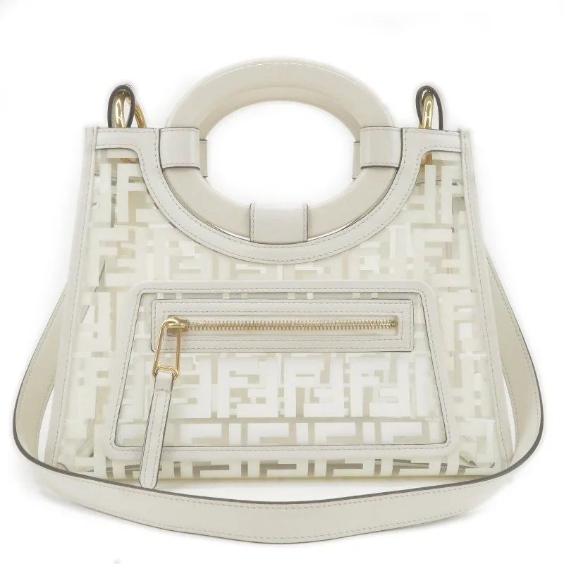 Ladies Fendi shoulder bags with a detachable phone stand for hands - free viewingFENDI Zucca Vinyl Plastic Leather 2WAY Bag White Hand Bag 8BH353