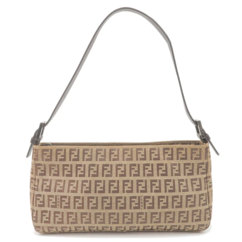 Fendi bags with a detachable mirror inside for quick touch - ups and groomingFENDI Zucchino Canvas Leather Shoulder Bag Beige Brown 8BR042