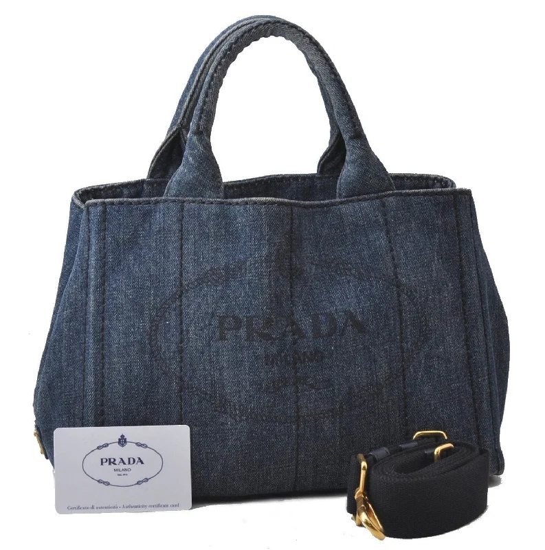 Prada tote bags with a printed Prada logo on the front for brand visibilityAuthentic PRADA Canapa SS Denim 2Way Shoulder Hand Bag Purse B2439G Blue 0378D