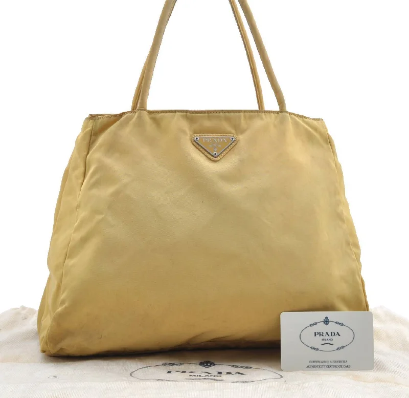 Prada bags with a detachable mobile phone holder for on - the - go convenienceAuthentic PRADA Tessuto City Nylon Tote Hand Bag B3864 Yellow 1770C