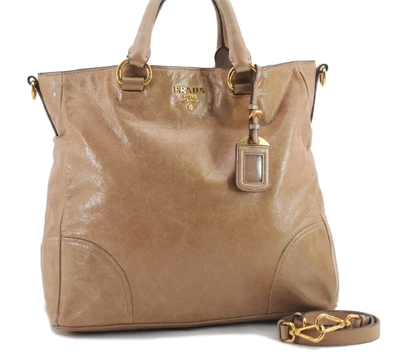 Prada handbags with a patent - leather finish for a shiny and sophisticated appearanceAuthentic PRADA 2Way Shoulder Tote Hand Bag Leather Beige 1456D