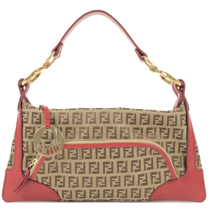 Fendi Sunshine Shopper bags with a contrast - stitched handle for a unique and stylish lookFENDI Zucchino Canvas Leather Shoulder Bag Beige Brown 8BR464