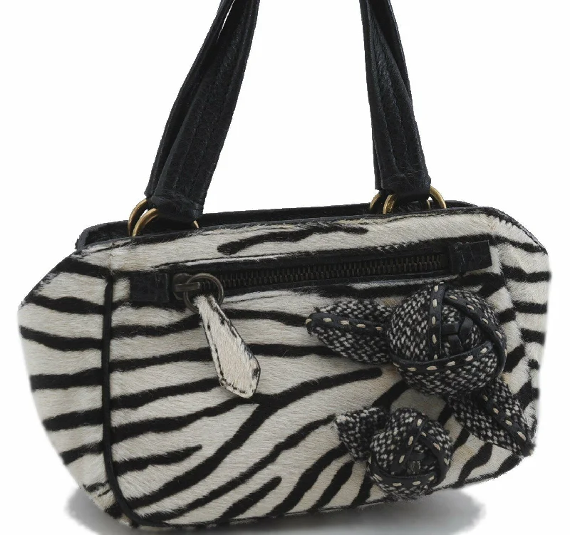 Prada tote bags with a spacious interior and a magnetic - snap closureAuthentic PRADA Zebra Unborn Calf Leather Hand Bag White Black 7173A