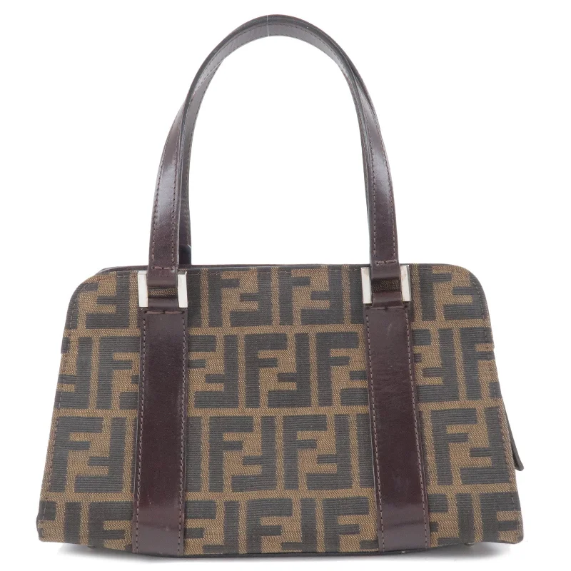 Fendi bags with a zip - top closure and a front - pocket for quick access to keys and cardsFENDI Zucca Print Canvas Leather Hand Bag Purse Brown Black