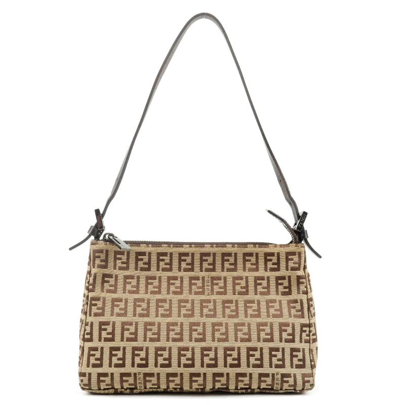 Fendi crossbody bags with a reflective strap for safety during low - light conditionsFENDI Zucchino Canvas Leather Shoulder Bag Hand Bag Beige Brown