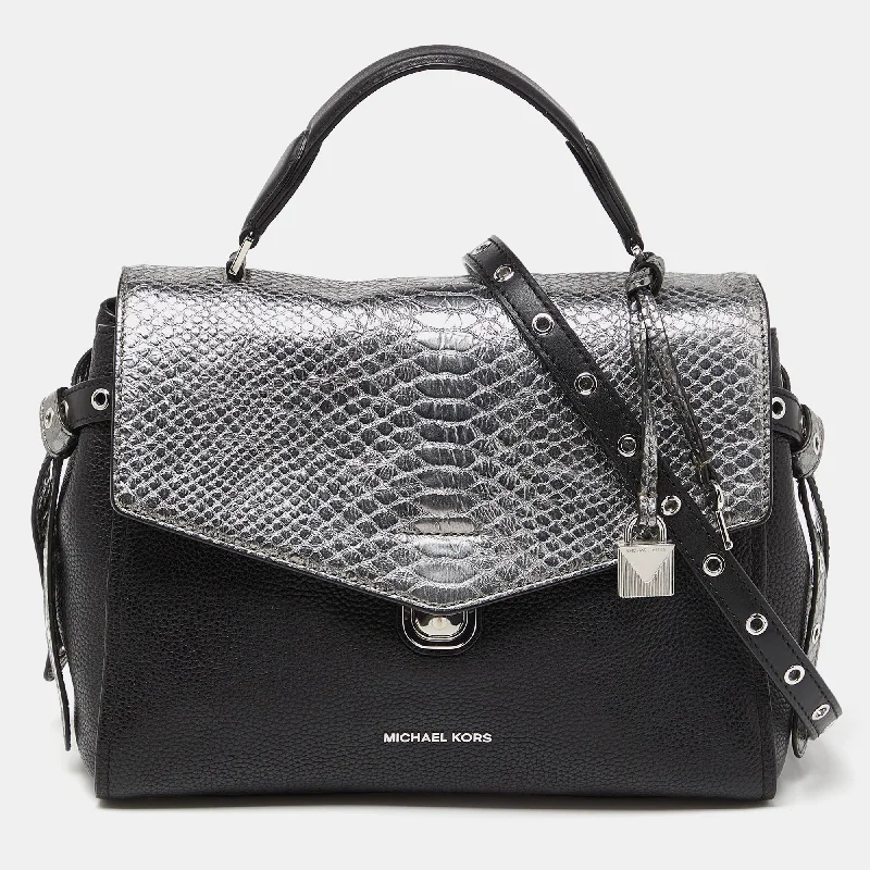 Michael Michael Kors Bags for business meetings in a sophisticated styleBlack/Silver Leather and Snakeskin Embossed Leather Medium Bristol Top Handle Bag