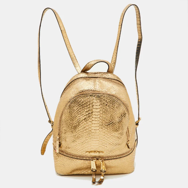 Michael Michael Kors Bags with interior pockets for better organizationMetallic Gold Python Embossed Leather Small Rhea Backpack