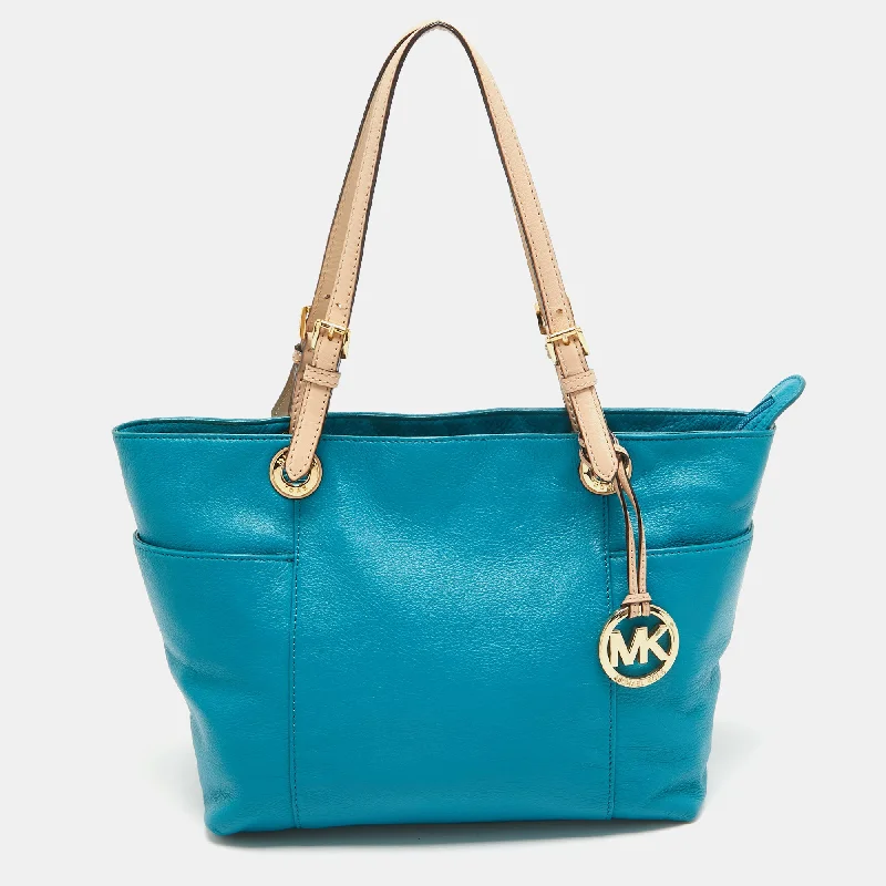 pebbled leather Michael Michael Kors Bags for durabilityTeal Blue/Beige Leather Jet Set Tote