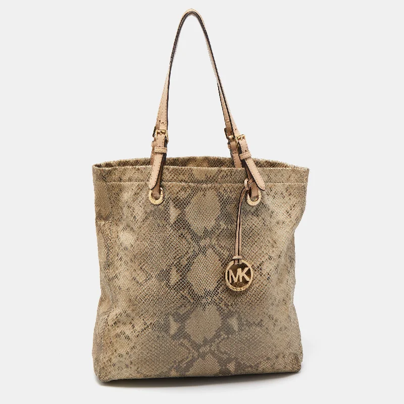 Michael Michael Kors Bags for train journeys to keep entertainment items handyBeige/Grey Python Embossed Suede Tote