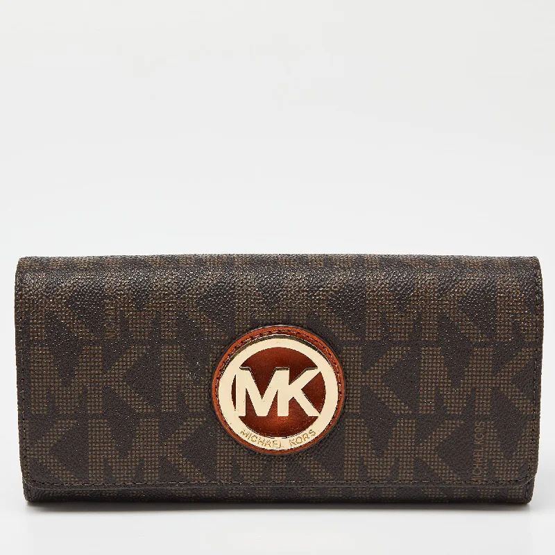 Michael Michael Kors Bags for yoga classes with a soft and flexible materialBeige/Brown Signature Coated Canvas Fulton Flap Continental Wallet