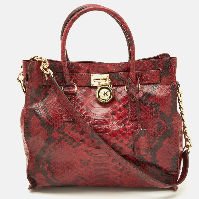 Michael Michael Kors hobo bags with adjustable straps for comfortable carryingRed/Black Python Embossed Leather Large Hamilton North South Tote