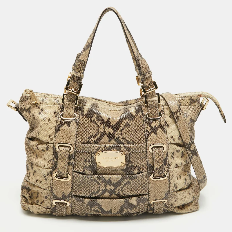 Michael Michael Kors Bags for film festivals in a red - carpet - worthy styleBlack/Cream Python Embossed Leather Large Rouched Gansevoort Tote