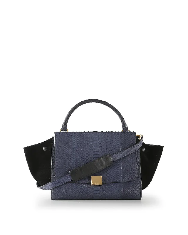 Celine Bags with Magnetic Closures for Quick AccessCeline Navy Blue Python Embossed Leather & Suede Medium Trapeze Bag