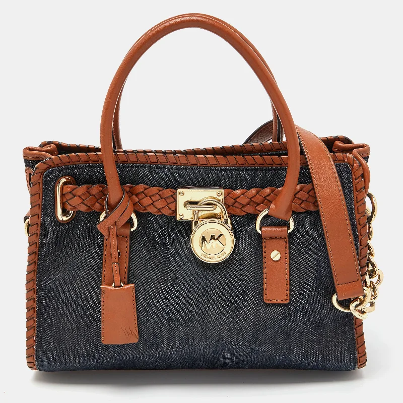 Michael Michael Kors Bags for photography workshops to hold camera equipmentBlue/Tan Whipped Stitched Denim and Leather Hamilton Tote