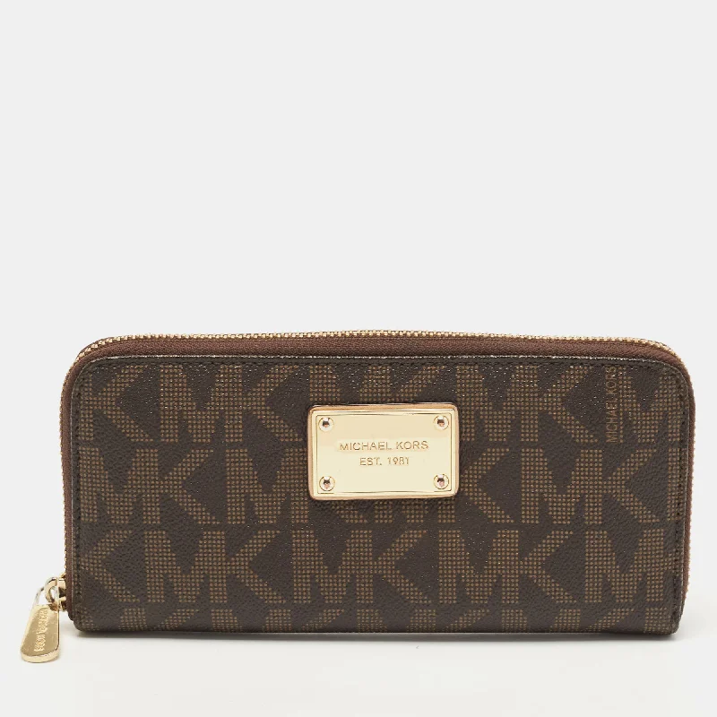 Michael Michael Kors Bags for job interviews to make a good impressionDark Brown Monogram Coated Canvas Zip Around Wallet