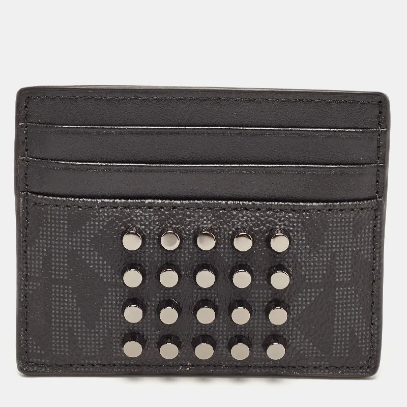 Michael Michael Kors Bags with zip - top closures for added securityBlack Signature Coated Canvas and Leather Studded Tall Card Case