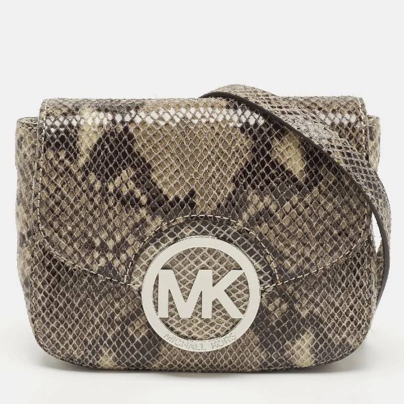 silver - accented Michael Michael Kors handbags for a modern edgeBlack/Beige Python Embossed Leather Fulton Flap Crossbody Bag