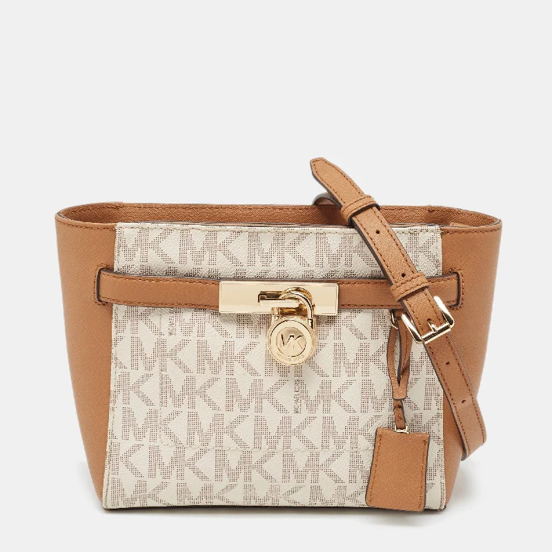 Michael Michael Kors Bags for job promotions to celebrate in styleTan/White Signature Coated Canvas Hamilton Crossbody Bag