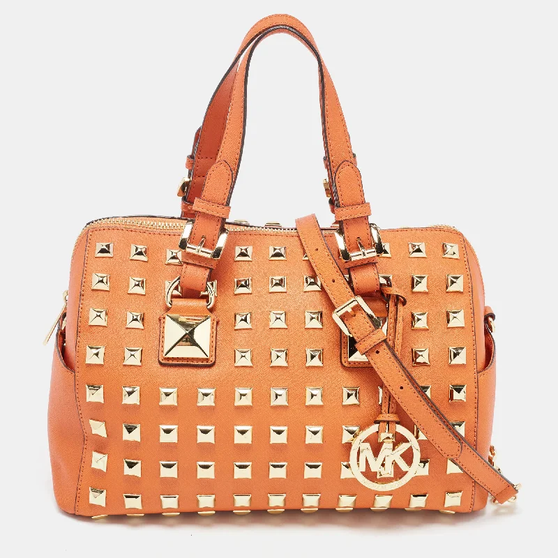 small crossbody Michael Michael Kors Bags for hands - free shopping tripsOrange Studded Leather Grayson Boston Bag