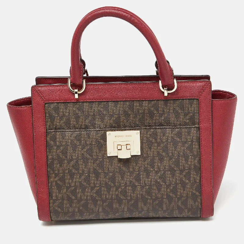 Michael Michael Kors Bags for pet owners with pet - friendly featuresBrown/Red Signature Coated Canvas and Leather Tina Satchel